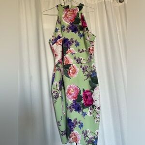 NWOT Suzy Shier Floral Round Neck Line Wrap Dress L Flowers Green Pink Purple